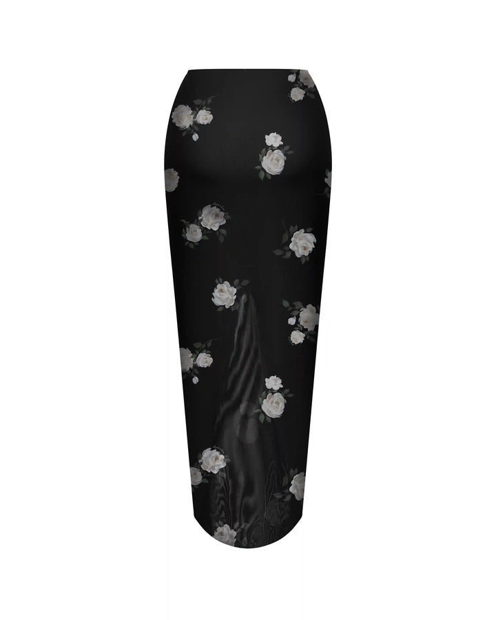 Amalia, midi skirt made of black mesh with floral print