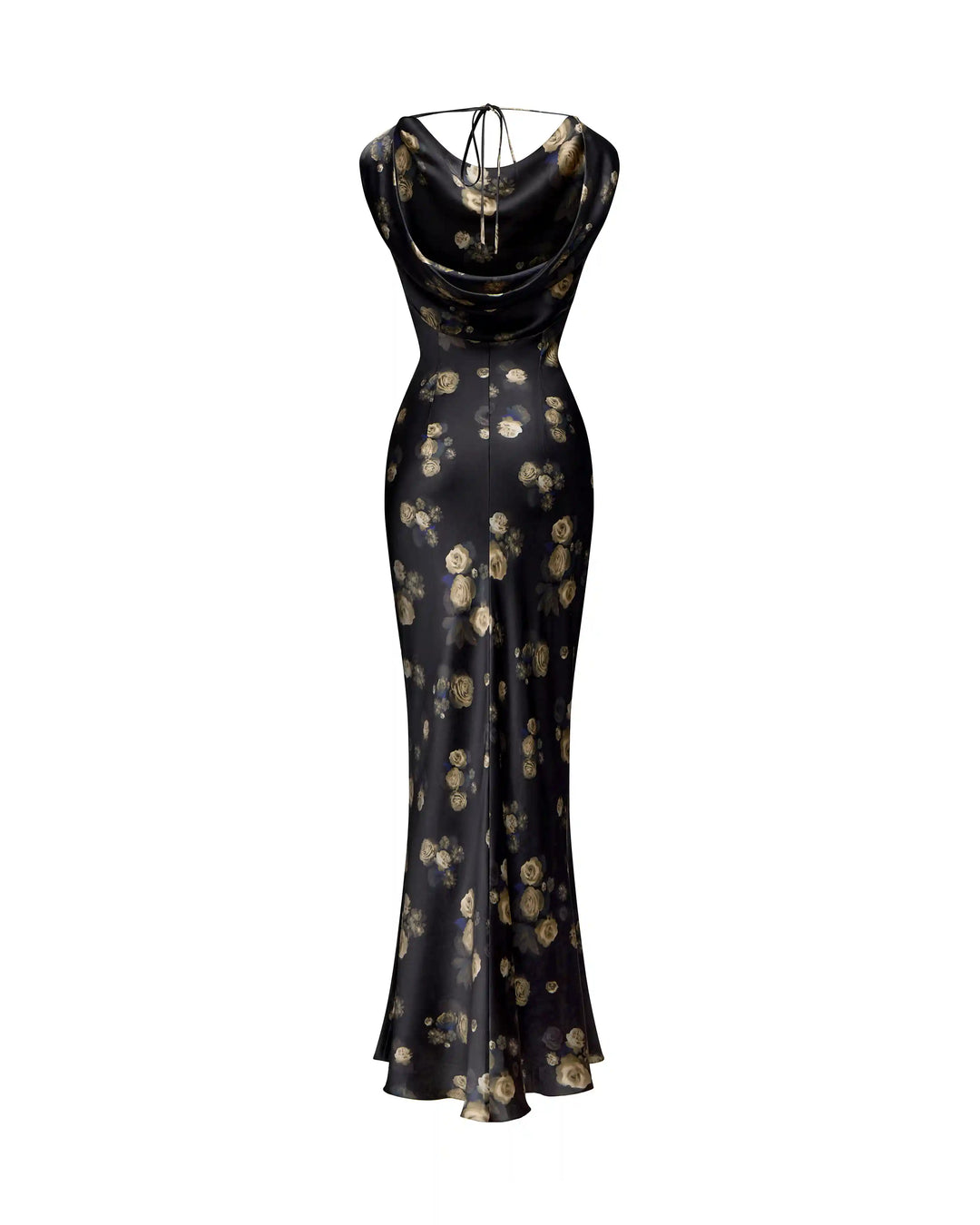 Lucy, maxi dress made of black satin with floral print