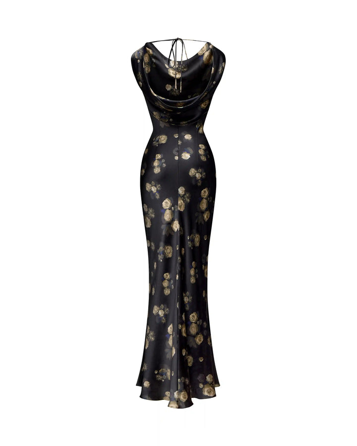 Lucy, maxi dress made of black satin with floral print