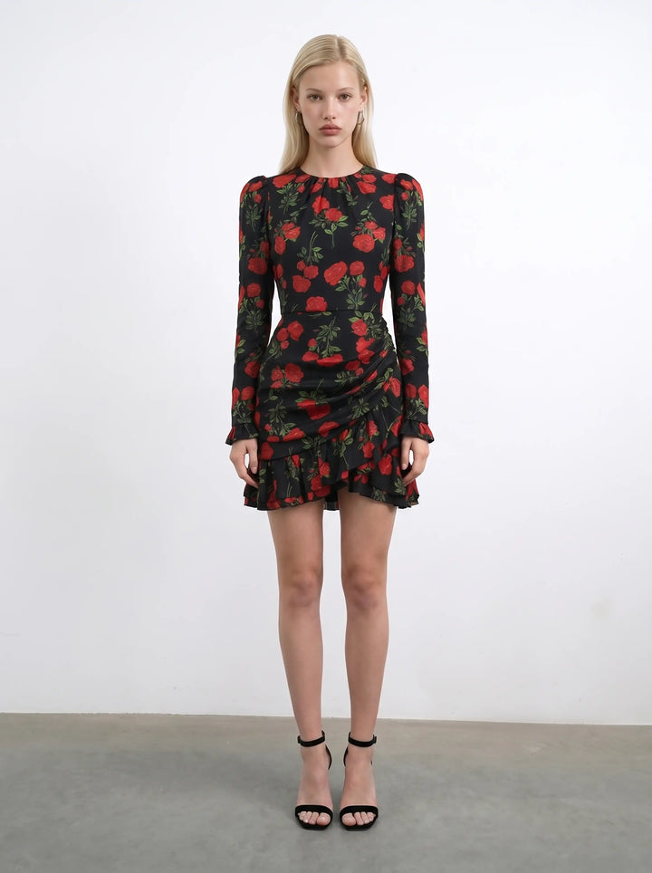 Charlotte mini, mini dress in black crepe de chine with medium red roses