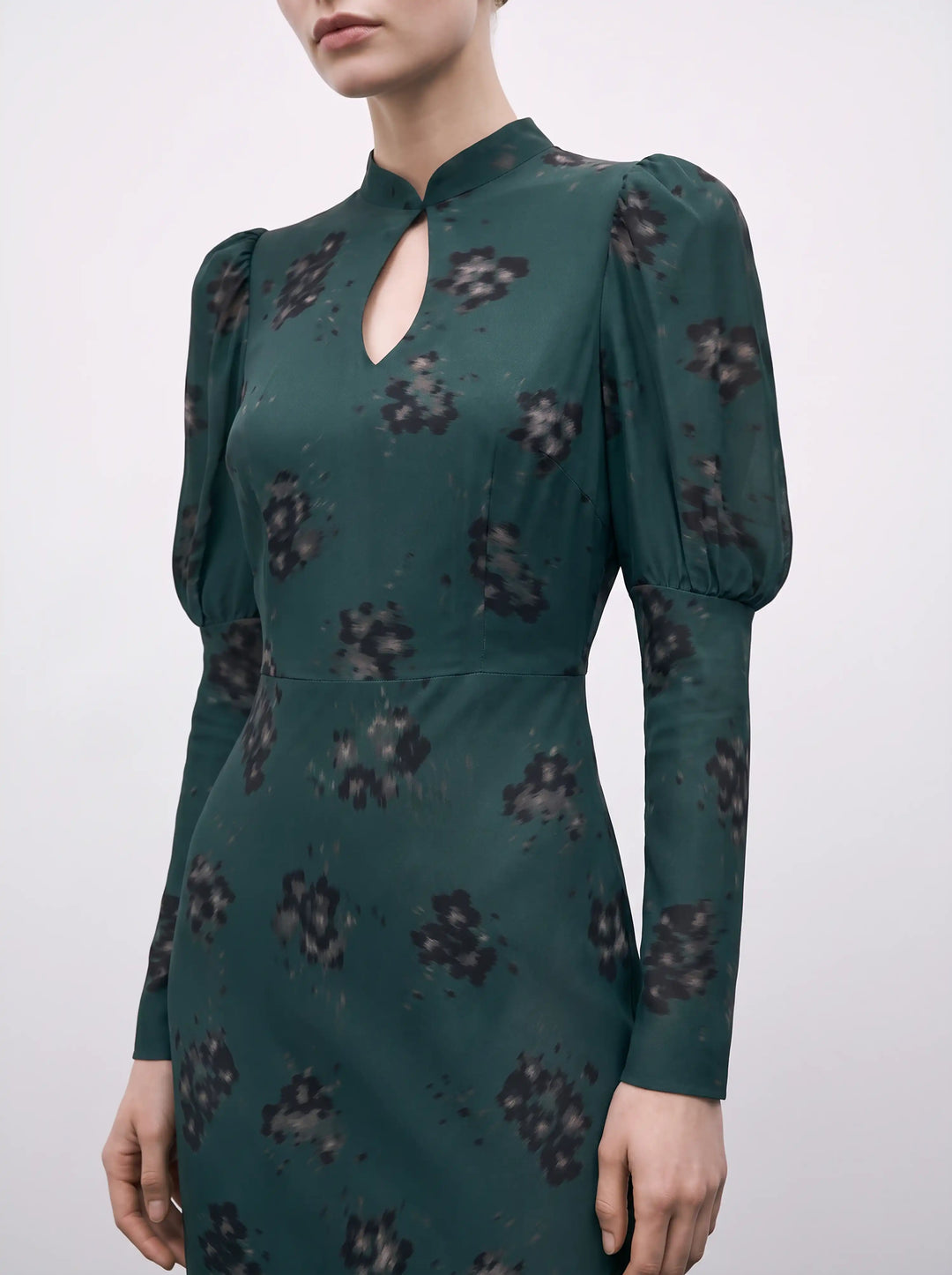 Giannetta midi, emerald crepe de chine midi dress with black flowers