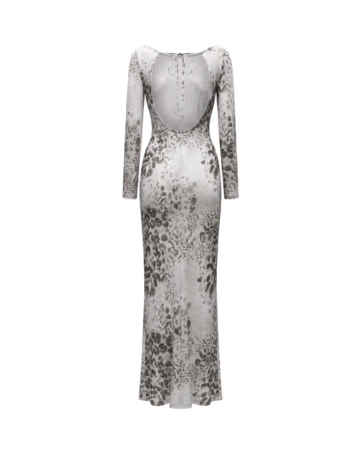 Monet maxi, ivory mesh maxi dress with animal print