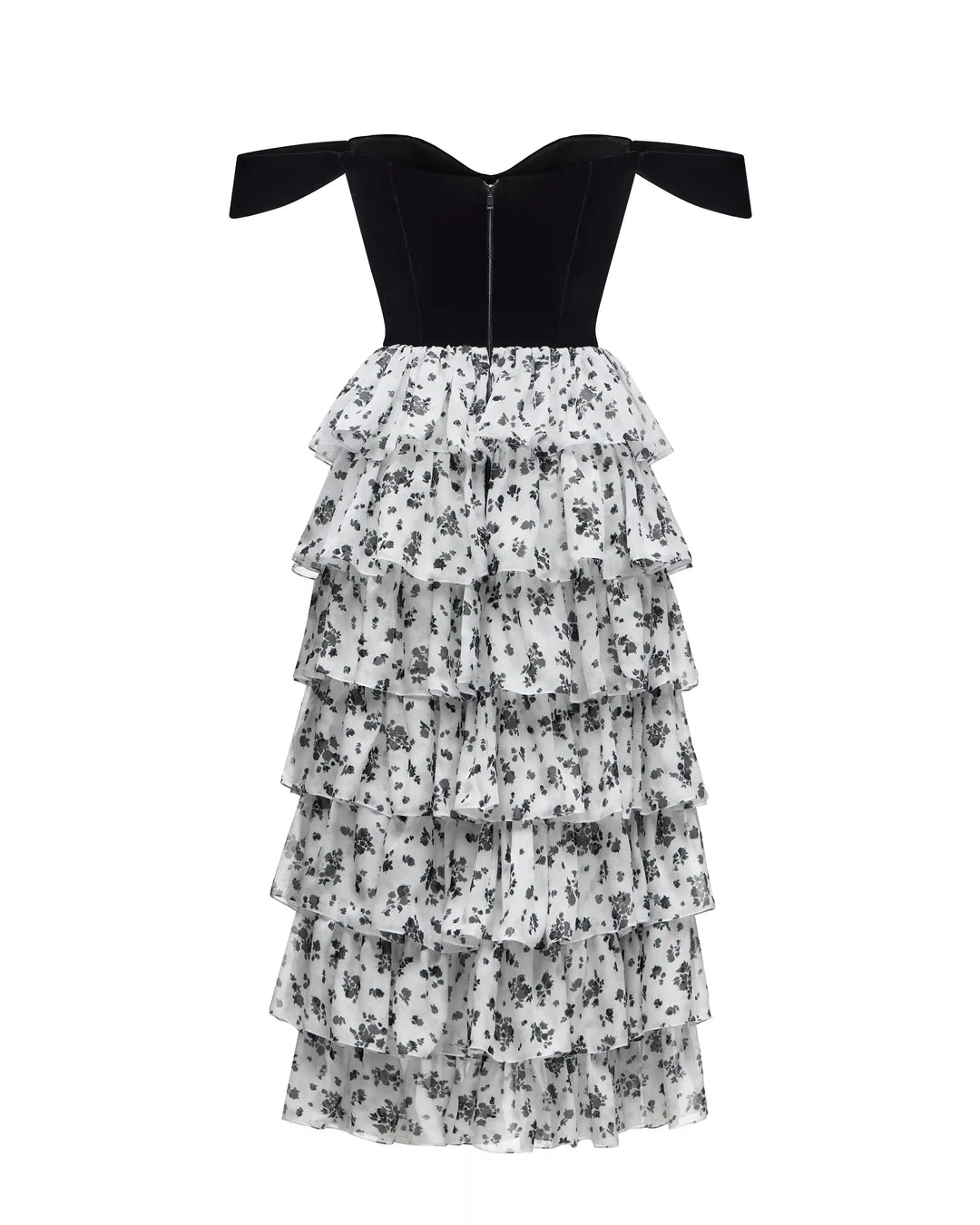 Lisen midi, midi corset dress made of black velvet and ivory chiffon with floral print
