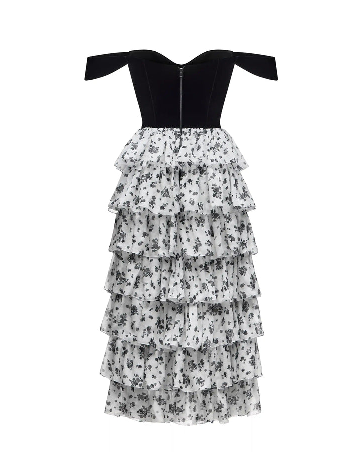 Lisen midi, midi corset dress made of black velvet and ivory chiffon with floral print
