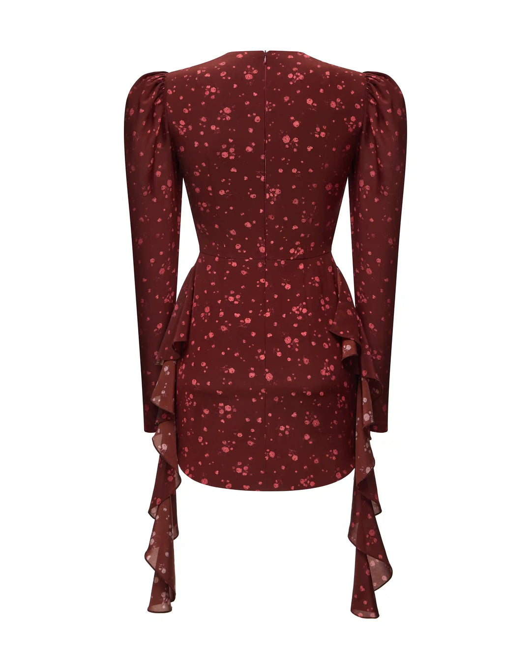 Macy, mini dress made of burgundy crepe de chine with a floral print