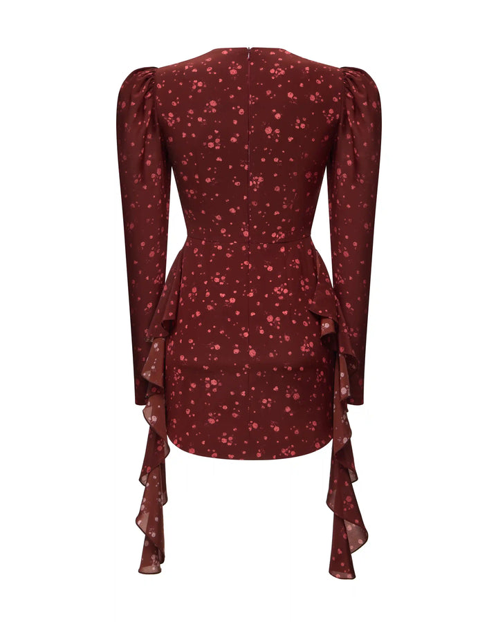 Macy, mini dress made of burgundy crepe de chine with a floral print