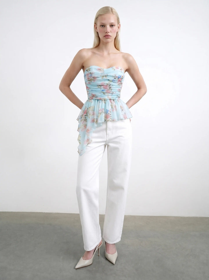Joan, corset top in blue chiffon with a floral print