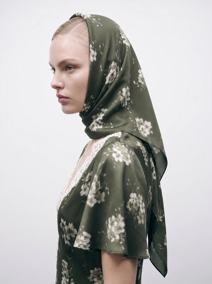 Leticia, khaki crepe de chine headscarf with ivory flowers