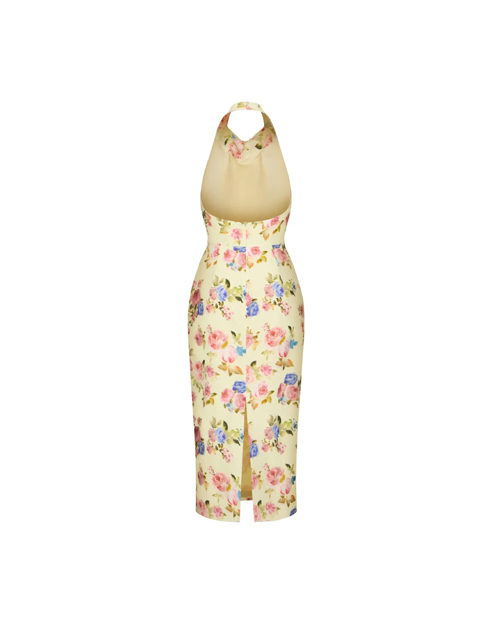 Esty midi, midi dress in pale yellow crepe de chine with a floral print