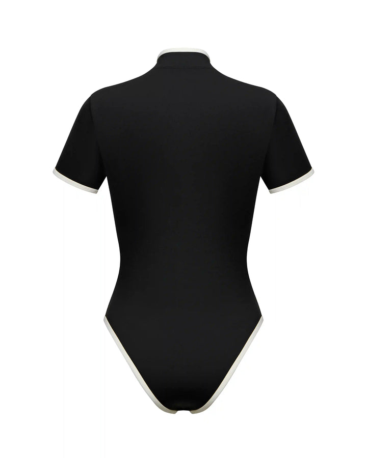 Sakura, one-piece swimsuit made of black biflex with a rose
