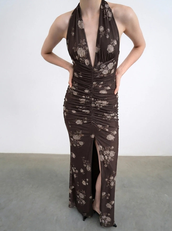 Luna maxi, maxi dress in chocolate mesh with a floral print