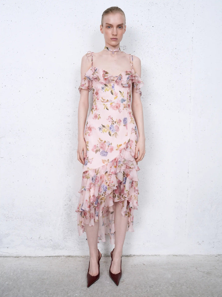 Monika midi, midi dress in light pink chiffon with a floral print