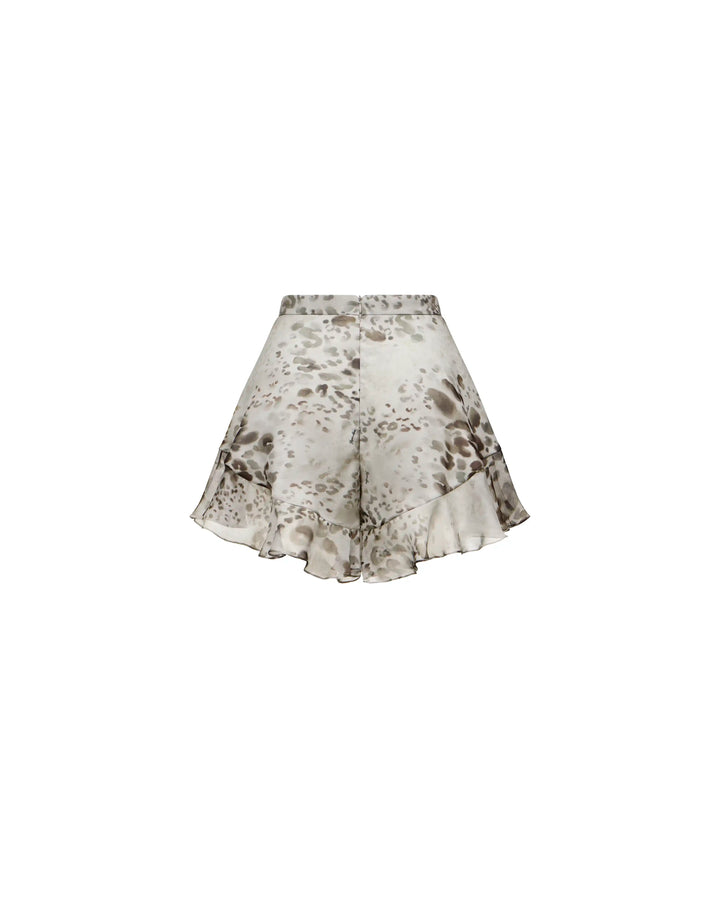 Audrie, ivory chiffon ruffle shorts with animal print