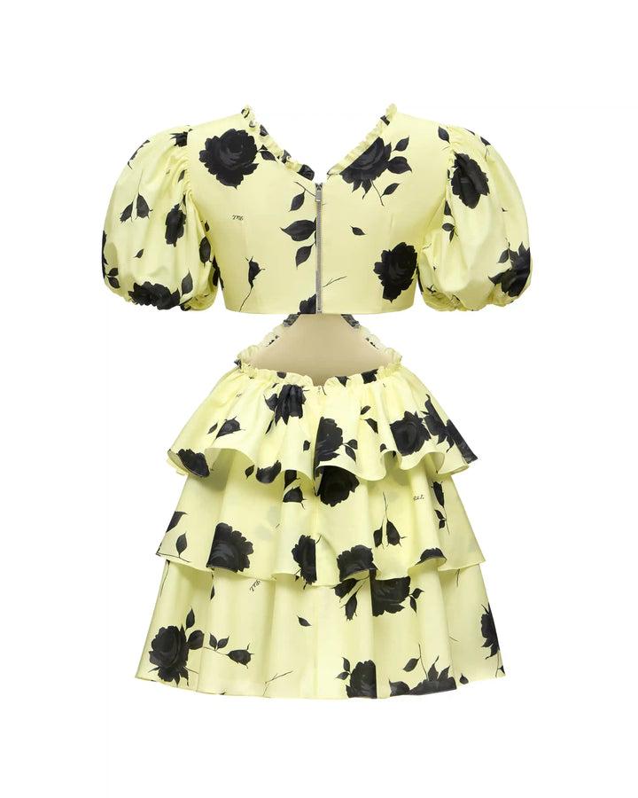 Kelly mini, mini dress made of yellow batiste with gray flowers