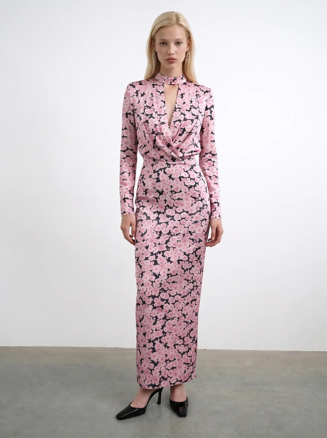 Jasmine maxi, satin maxi dress in black with medium pink flowers