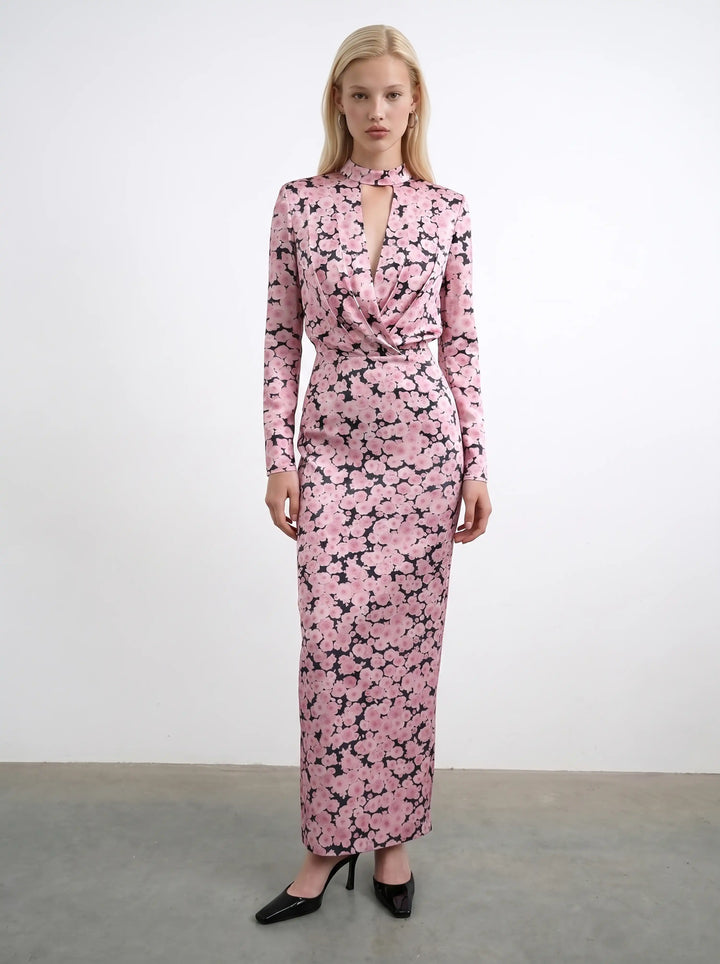 Jasmine maxi, satin maxi dress in black with medium pink flowers