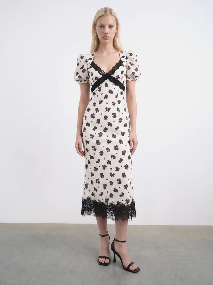 Penny midi, ivory crepe de chine midi dress with medium black flowers
