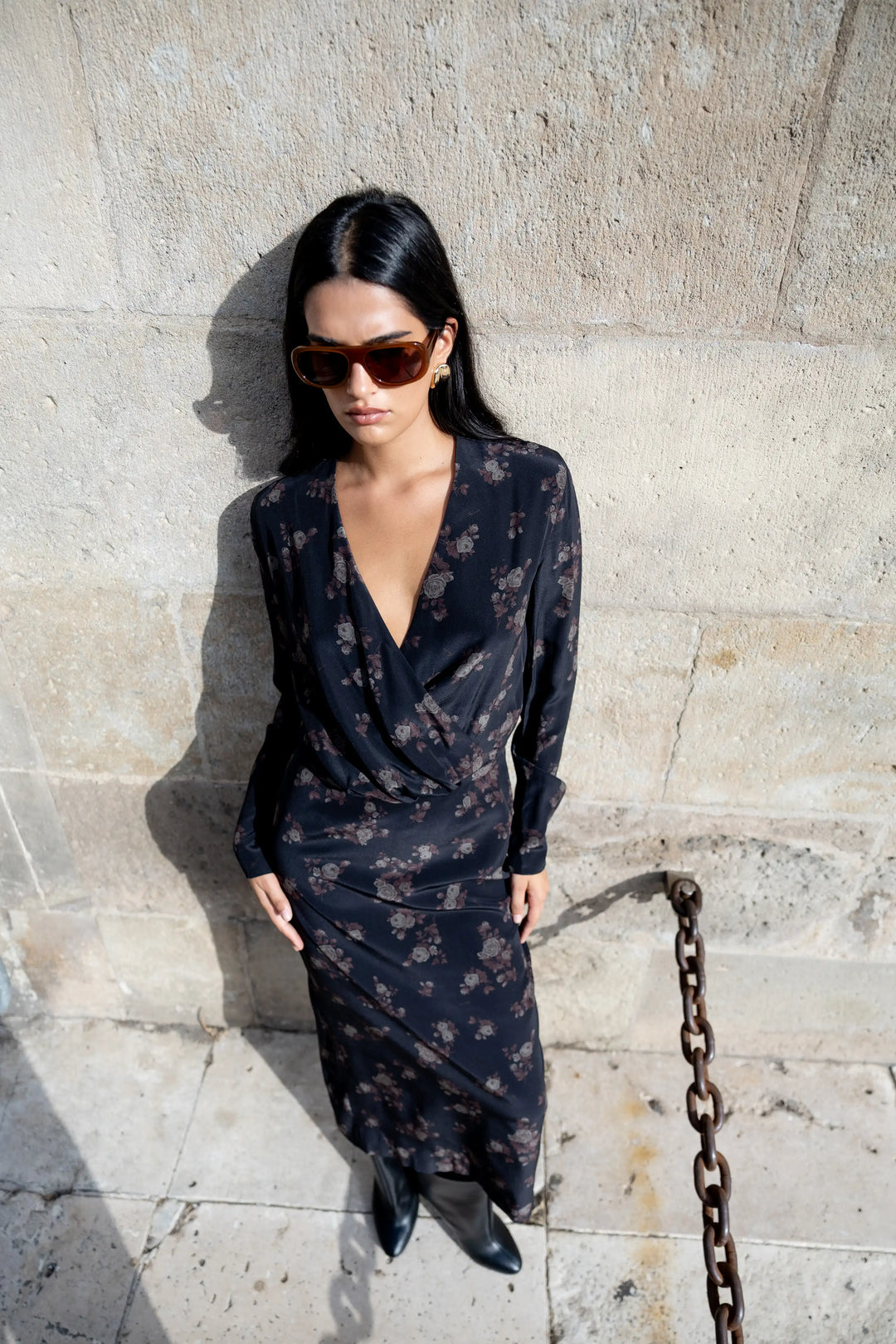 Lima midi, black crepe de chine midi dress with brown flowers