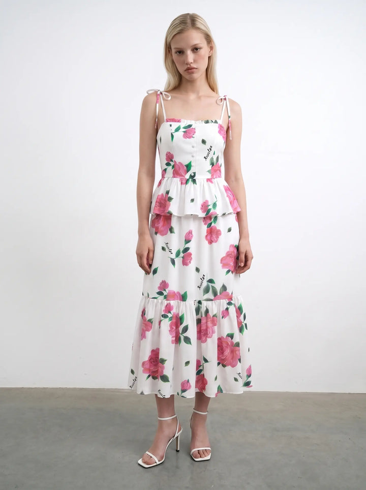 Perla midi, ivory crepe de chine midi dress with raspberry flowers
