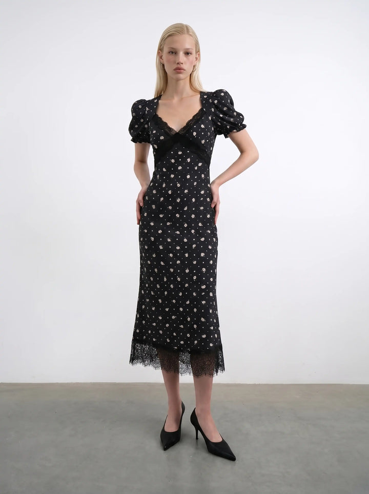 Penny midi, midi dress in black crepe de chine with a floral print