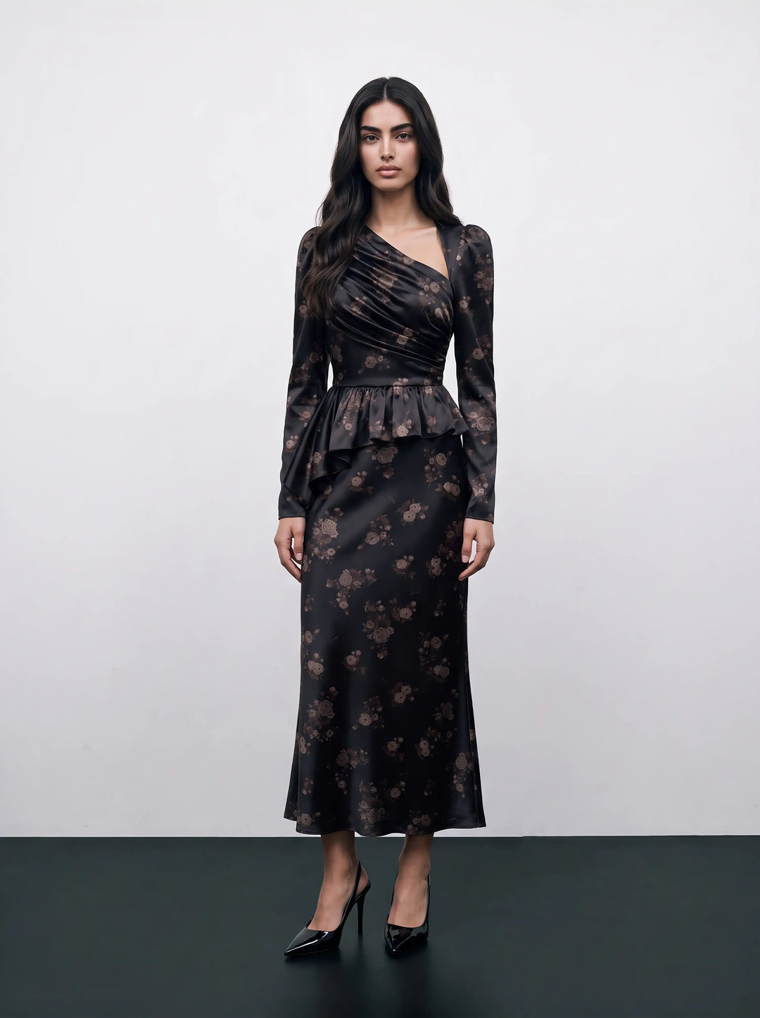Fionella midi, black satin midi dress with brown flowers