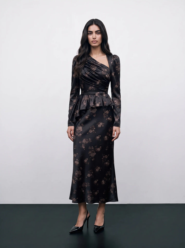 Fionella midi, black satin midi dress with brown flowers