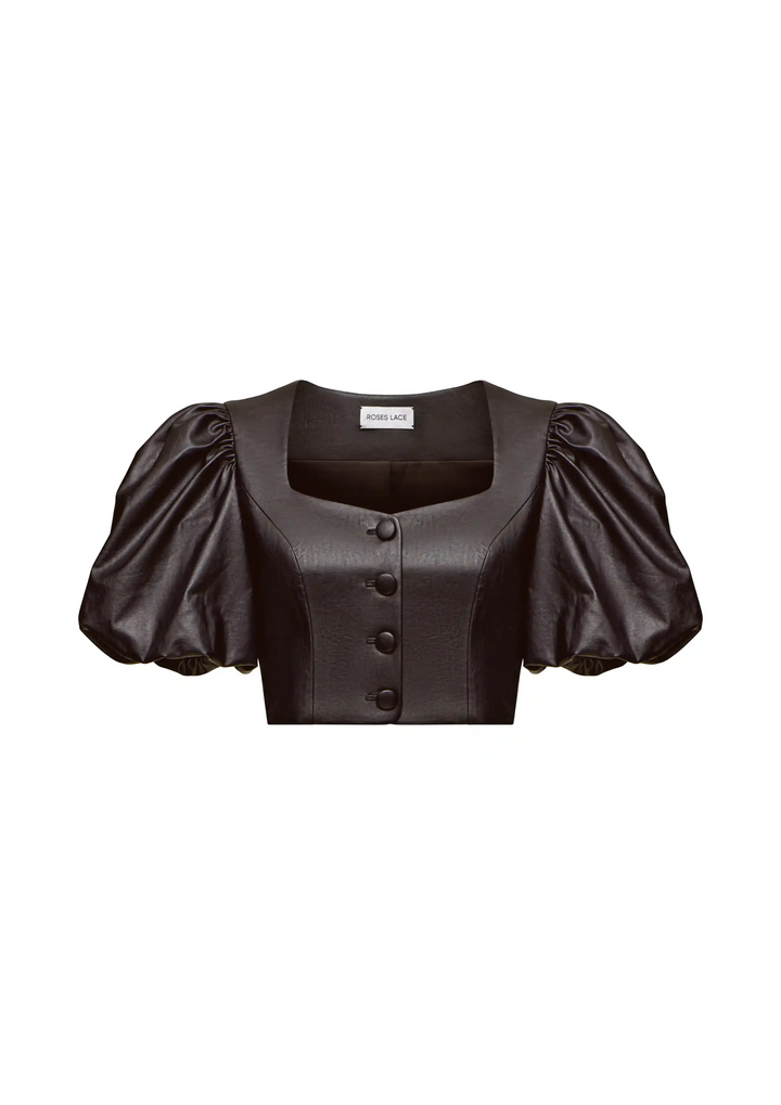 Chanelle-Evie, top and trousers made of chocolate eco-leather