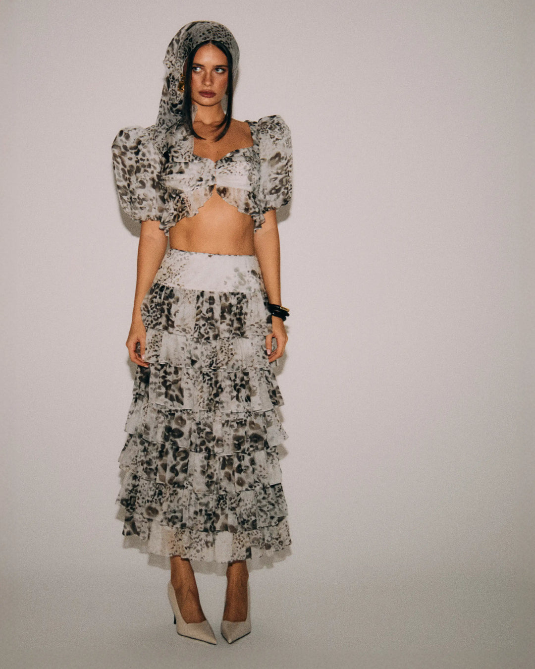 Carmelita midi, ivory chiffon midi skirt with animal print