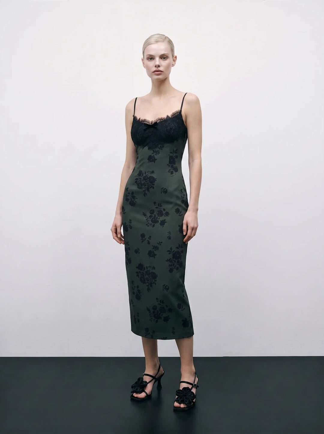 Andreana midi, dark green crepe de chine midi dress with black flowers