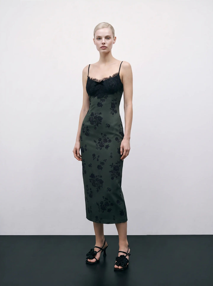 Andreana midi, dark green crepe de chine midi dress with black flowers