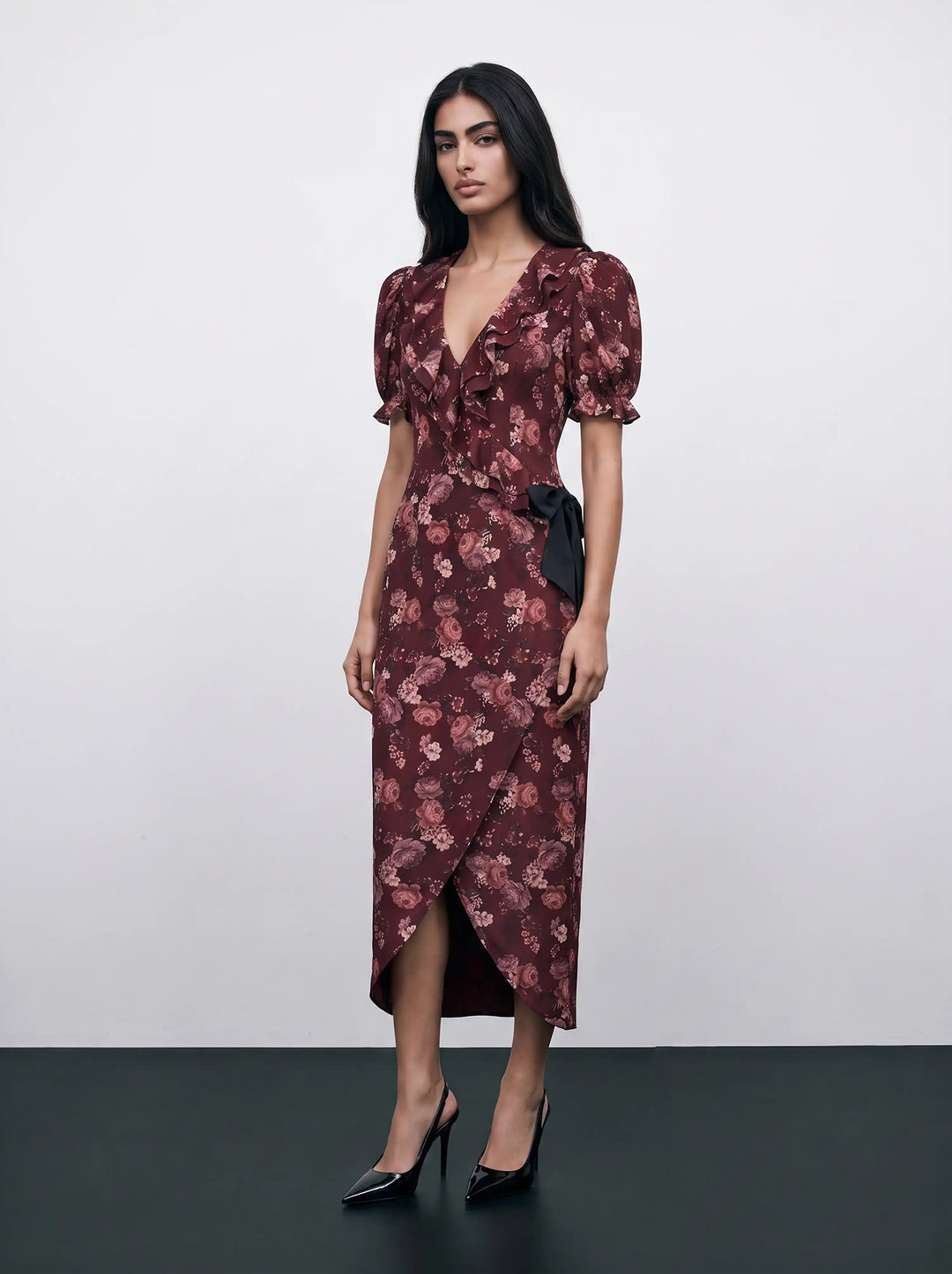 Pamela midi, burgundy crepe de chine midi dress with multicolor flowers