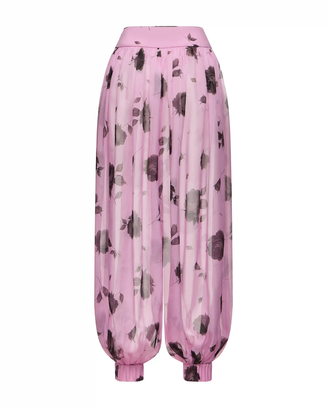 Evie, trousers made of lilac chiffon with gray flowers