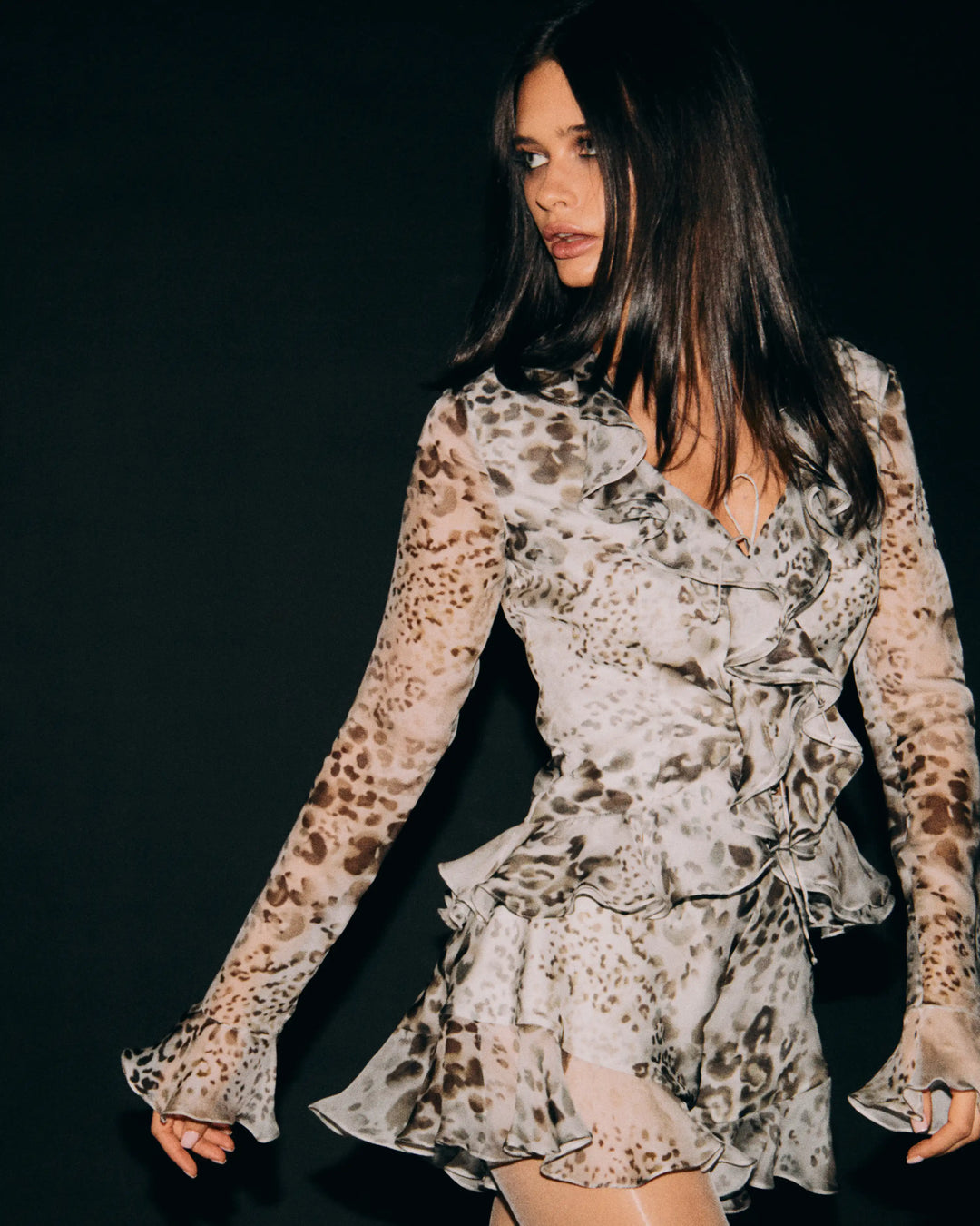 Ruzana, ivory chiffon blouse with sleeves and ruffles with animal print