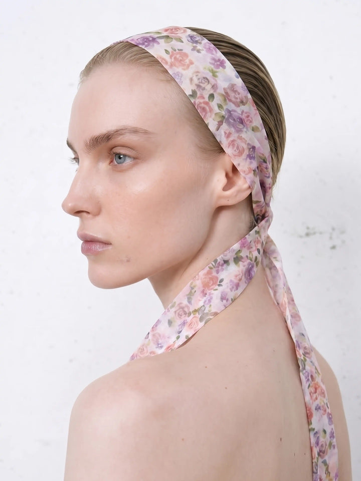 Luana, ribbon in milk chiffon with a floral print