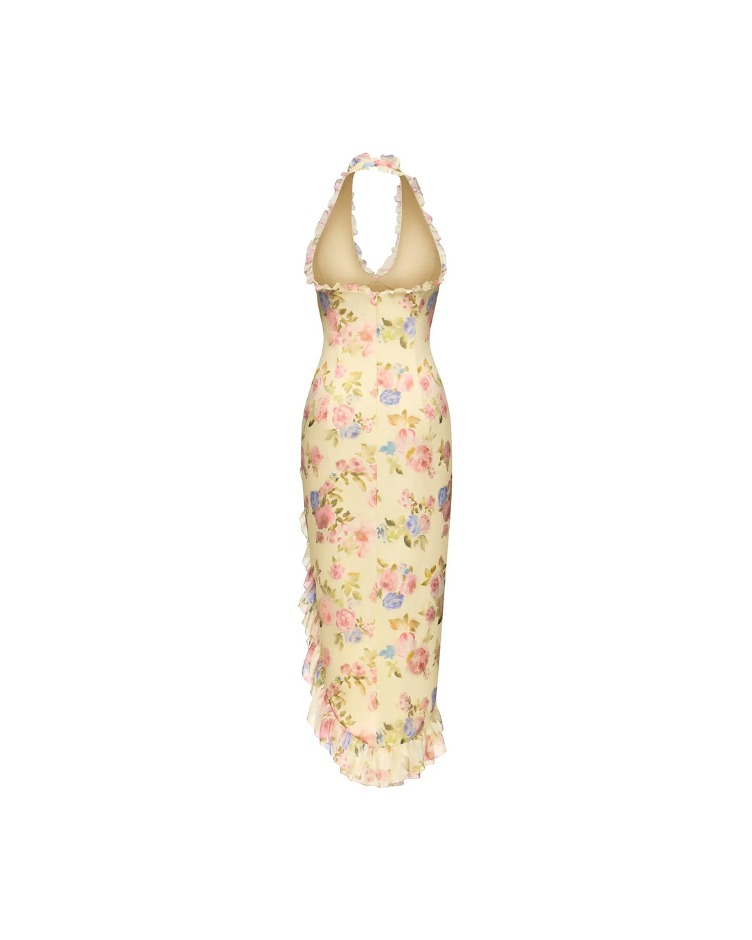 Quora midi, midi dress in pale yellow chiffon with a floral print