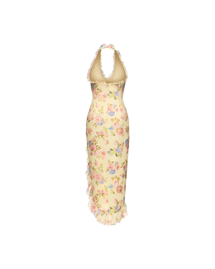 Quora midi, midi dress in pale yellow chiffon with a floral print