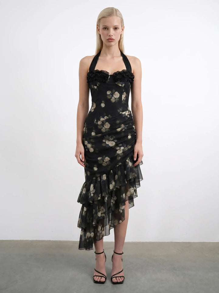 Sally midi, midi dress in black chiffon with a floral print