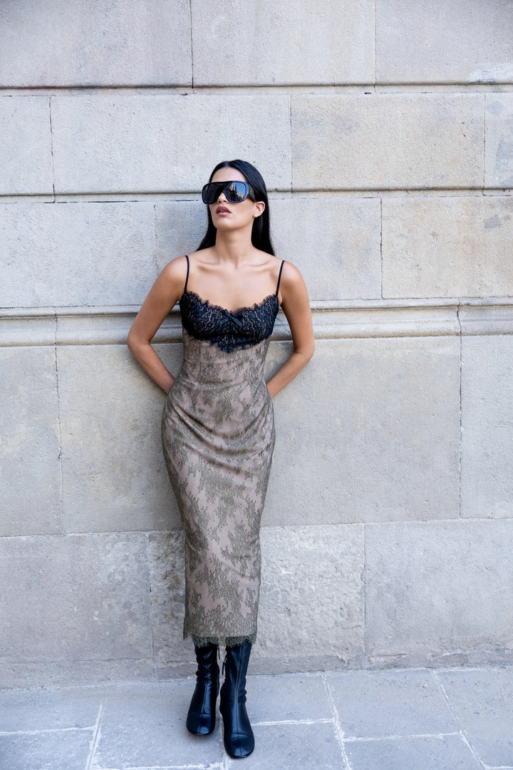 Andreana midi, khaki lace midi dress