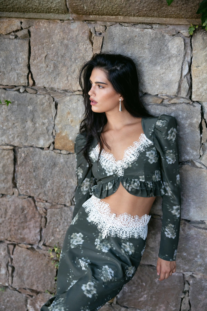 Rennie top, khaki crepe de chine top with ivory flowers