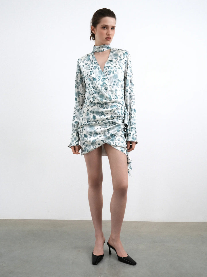 Leah mini, milky satin mini dress with a floral print