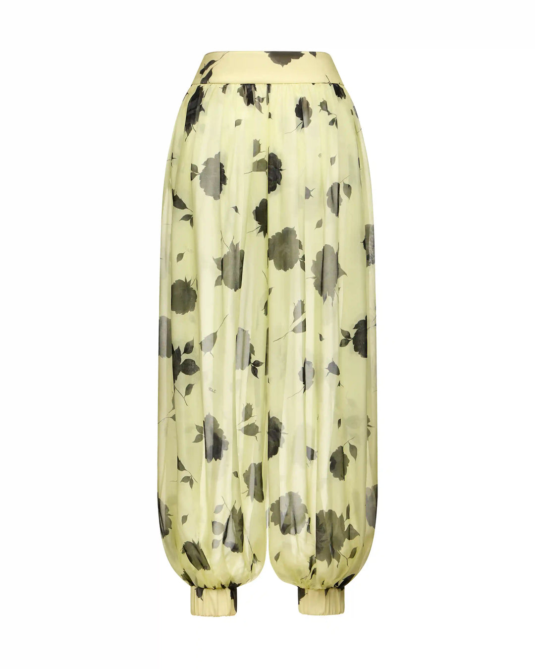 Evie, trousers made of yellow chiffon with gray flowers