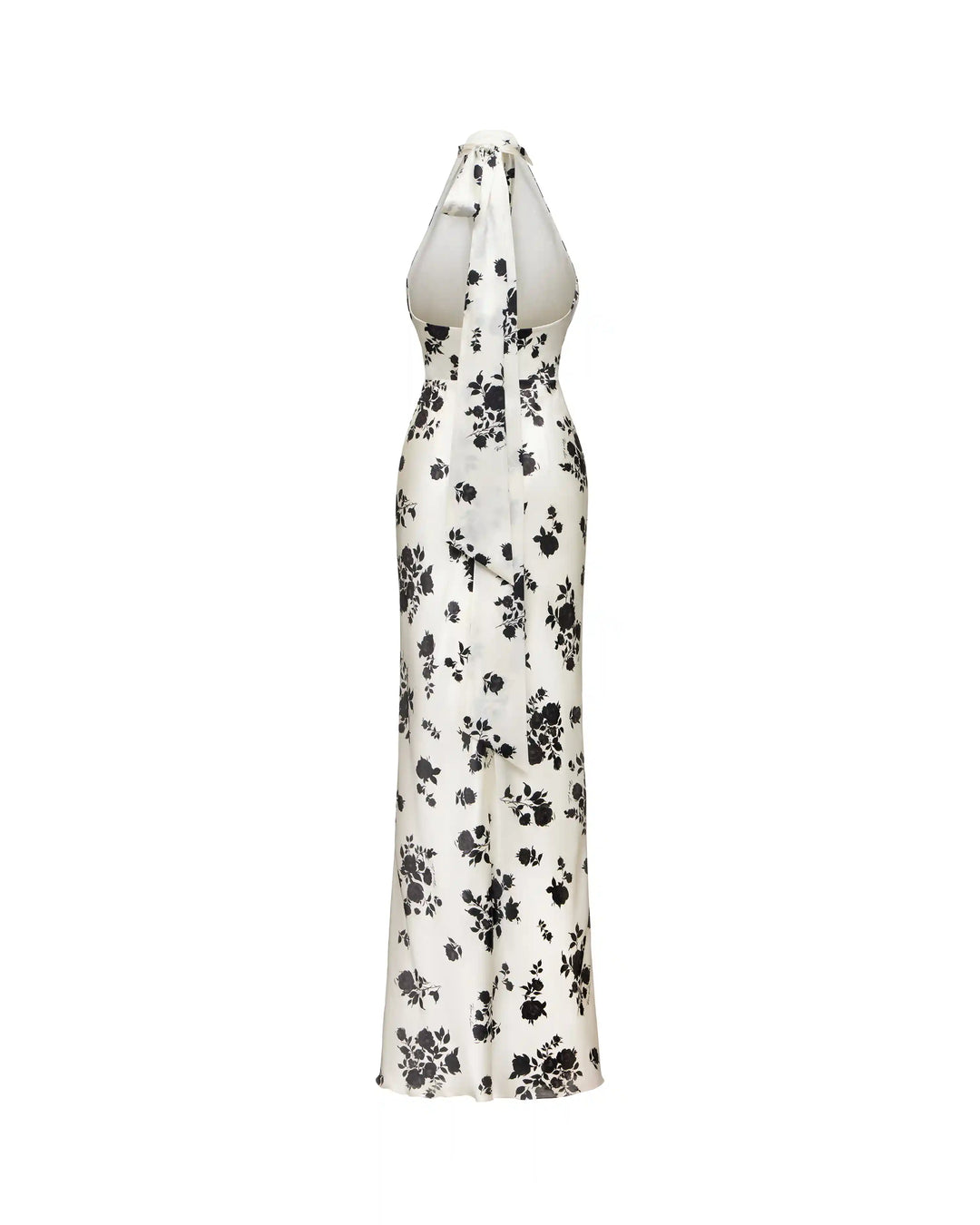 Alia maxi, maxi dress with  a choker made of ivory satin with floral print