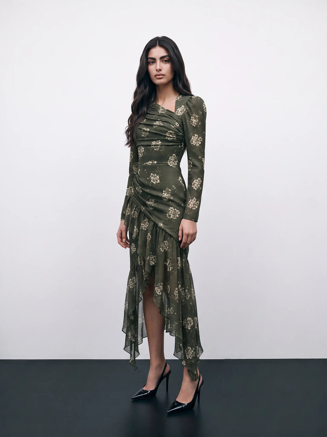 Orlene midi, khaki crepe de chine and chiffon midi dress with ivory flowers