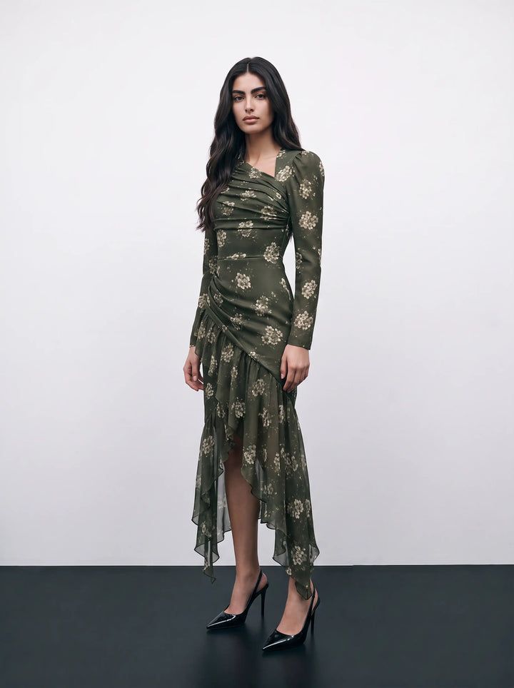 Orlene midi, khaki crepe de chine and chiffon midi dress with ivory flowers