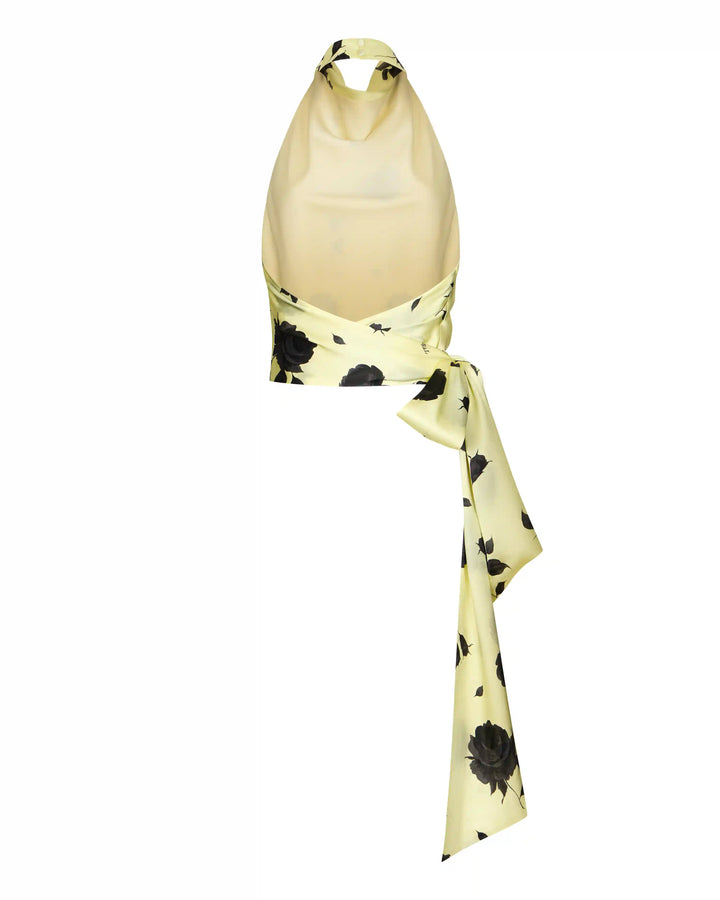Eliana, top made of yellow satin with gray flowers
