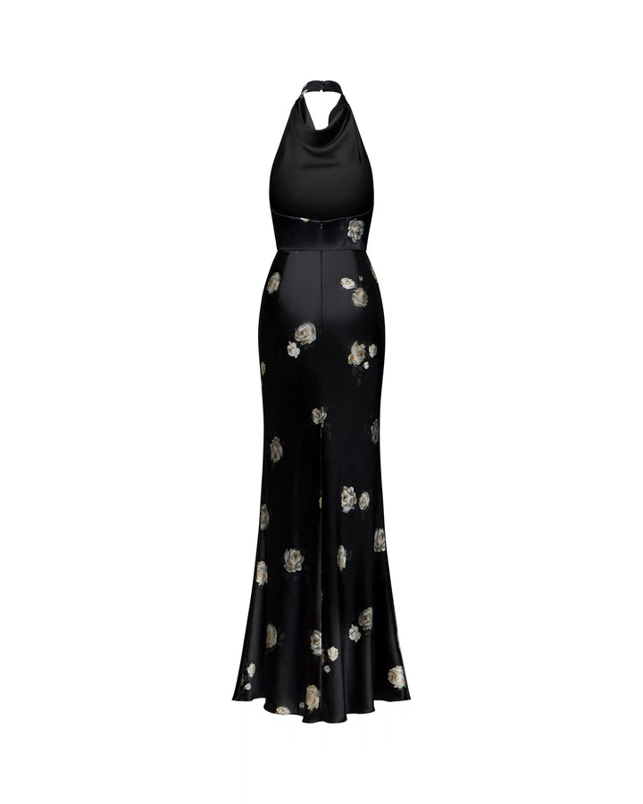 Esty maxi, midi dress made of black satin with floral print