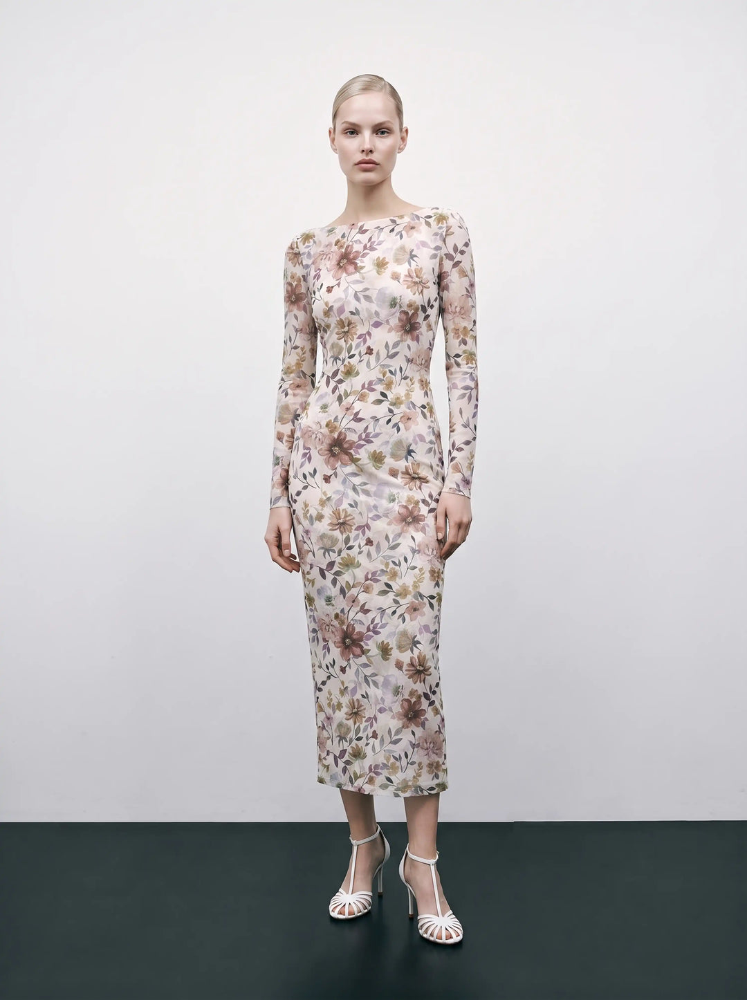 Netty midi, milky mesh midi dress with multicolor floral print
