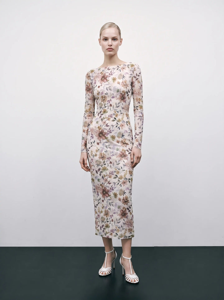 Netty midi, milky mesh midi dress with multicolor floral print