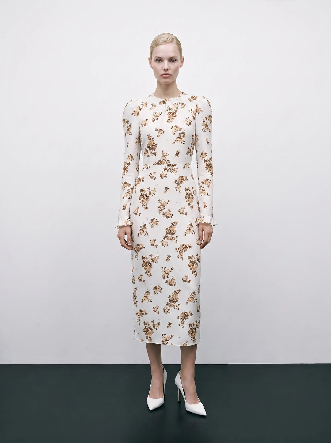 Charlotte midi, milky crepe de chine midi dress with brown flowers