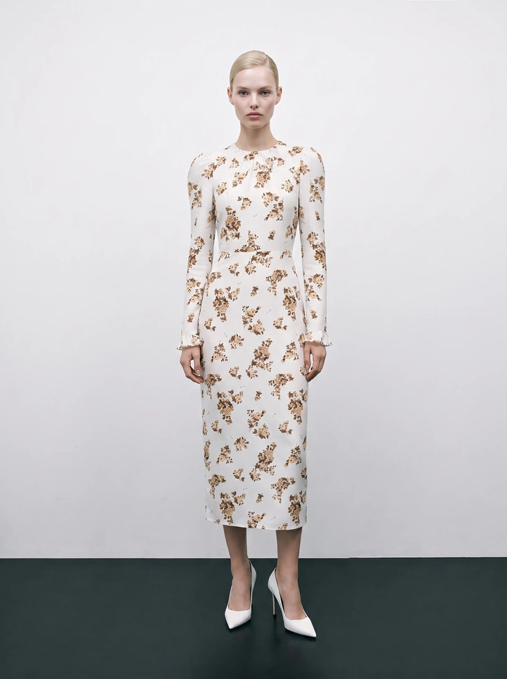 Charlotte midi, milky crepe de chine midi dress with brown flowers